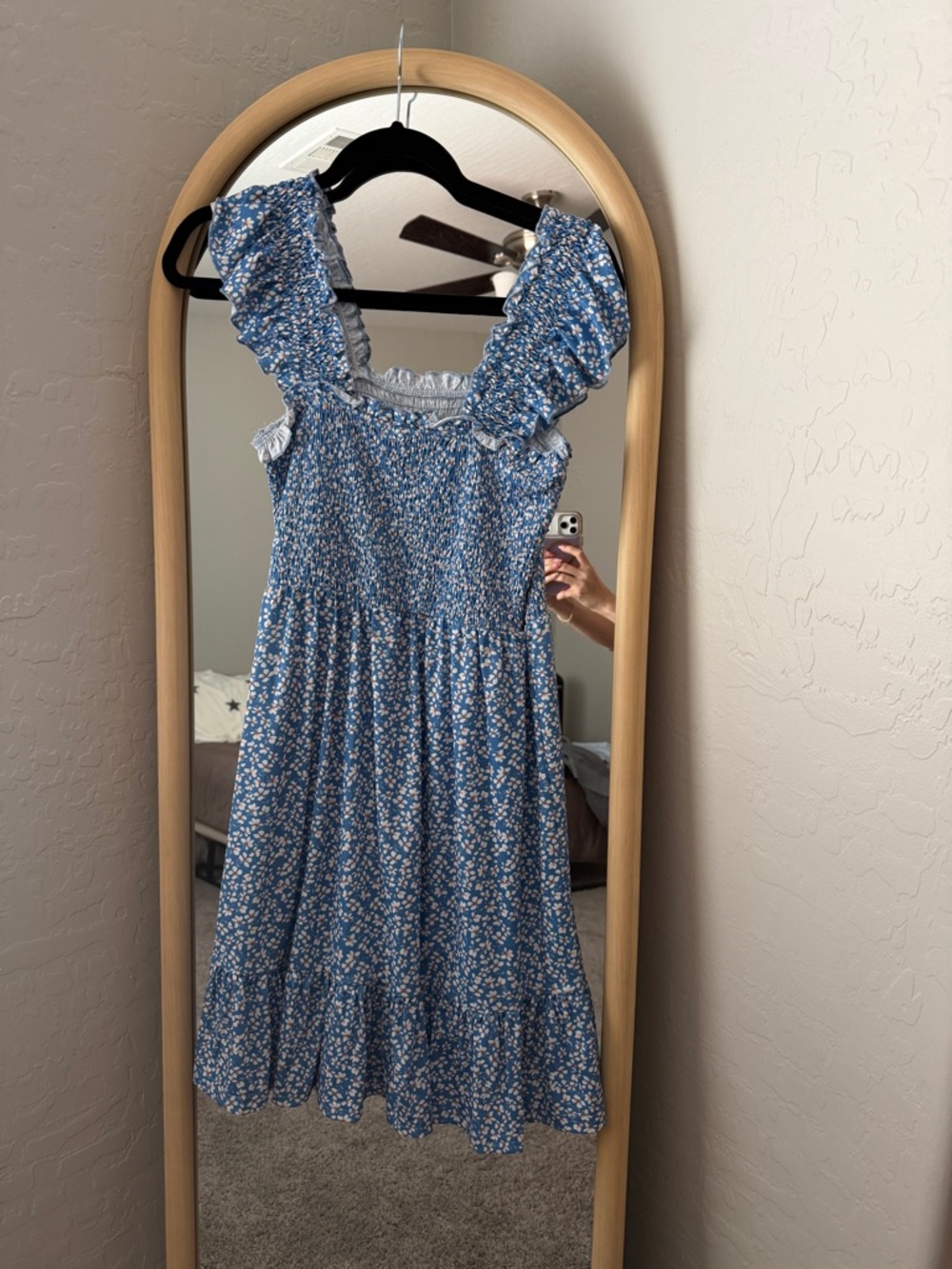 Blue Floral Smocked Midi Dress with Ruffle Straps